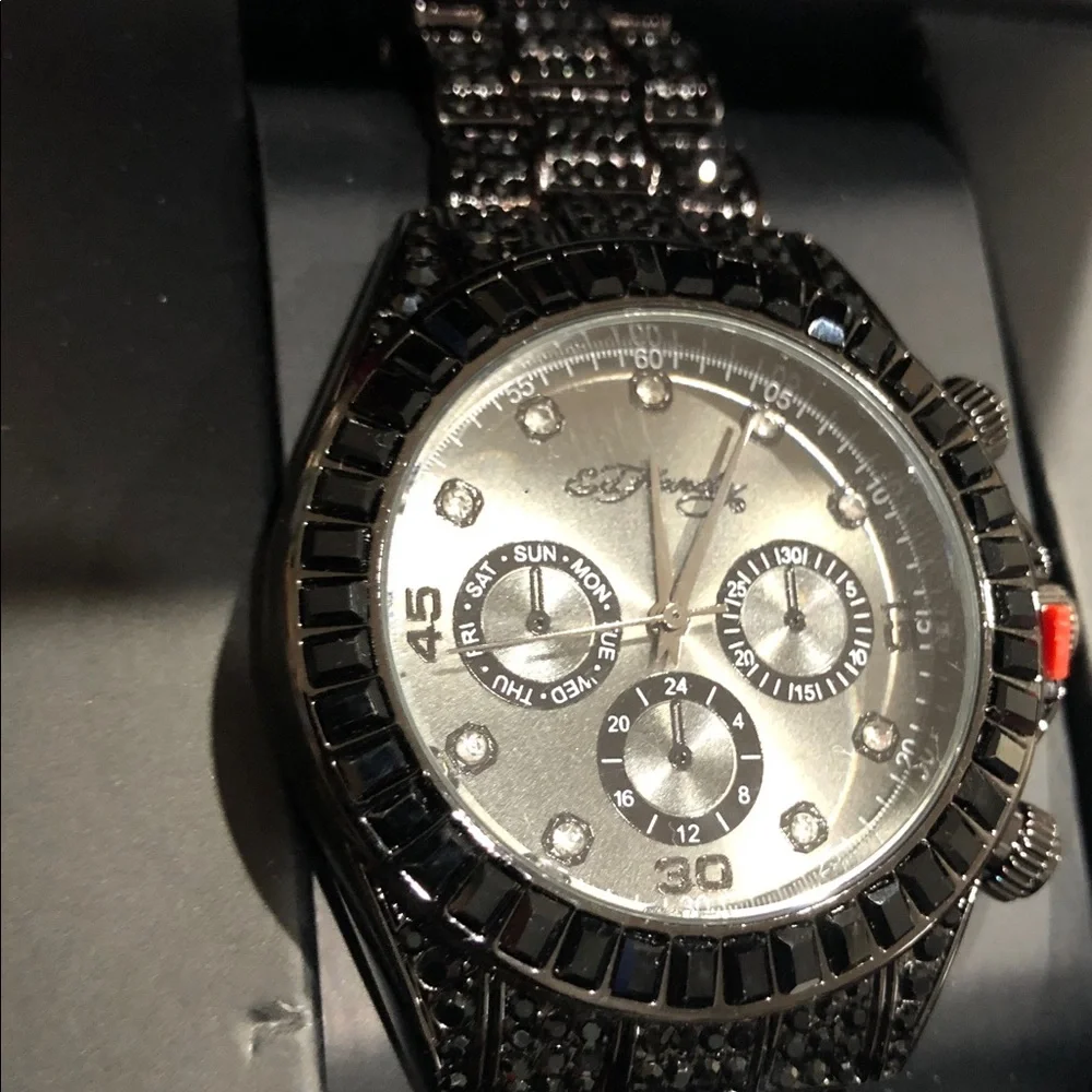 Ed Hardy black onyx look gemstone bling wristwatch new in pink Ed Hardy logo box